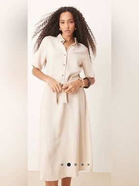 JDY Linen Mix Midi Shirt Dress in Beige - Large